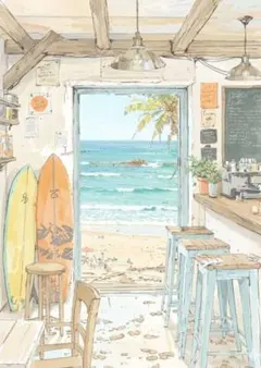 4011 海辺のカフェ サーフボード 海 夏 風景画 水彩画 アート - メルカリ