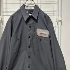 US古着 ワークシャツ 長袖 グレー 企業ロゴ ワッペン