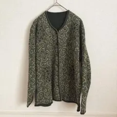 総柄 カーディガン カーキ レトロ 羽織り 古着 ニット 長袖 ゆるだぼ ニット