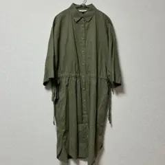 UNIQLO ユニクロ コットンリネンAラインシャツワンピース カーキ L