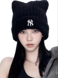 MLB 韓国限定 韓国 人気 aespa エスパ カリナ 猫耳 ニット帽 黒 - メルカリ