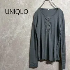a0104【ユニクロ】長袖カットソー L グレー 前開きボタン トップス