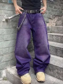 パープル ワイドレッグデニム