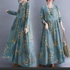 【新品】大きいサイズ　レディースゆったりロングワンピース長袖薄手花柄