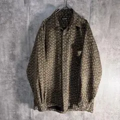 90s 総柄シャツ 長袖 M アート柄 抽象柄 レトロ モード 茶系