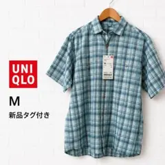 新品タグ付 ユニクロ オンブレチェック半袖シャツ M 綿100% 春夏　ブルー系のサムネイル