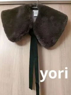 yori　リボン　ファーマフラー　ティペット　グレー