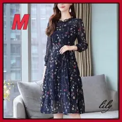 花柄　シフォンワンピース　透け感　上品コーデ オールシーズン　パーティー　M