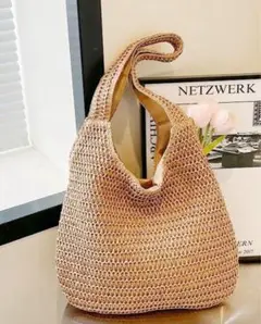 カーキ 淡色草編トートバッグ 裏地ファスナー付き