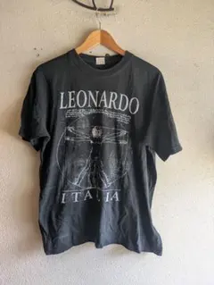 90s ユーロ古着　ブラック　ダヴィンチ　黒　古着　半袖　人体図　XL tシャツ