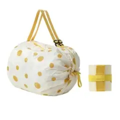 水玉模様エコバッグ ホワイト/イエロー　折り畳み