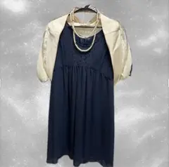 ネイビーフレアドレス レース装飾付き ロペピクニックネックレス付き美品 結婚式用