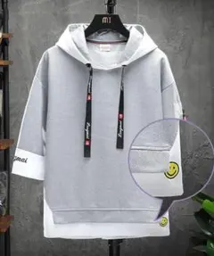 パーカー 七分袖 メンズ トップス 長袖 フード付き レイヤード グレー 2XL