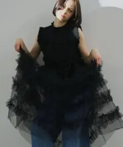 PERNA シースルーフリルチュールスカート ブラック