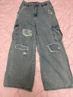 ワイドパンツ ダメージデニム ライトブルー