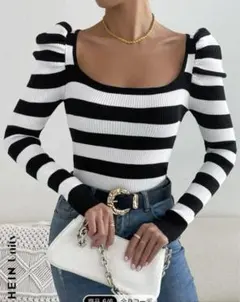 SHEIN ストライプパタージスクープネックシゴスリーブセーター