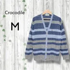 ラコステ　リネンカーディガン　Vネック　ボーダー　ワッペンロゴ　青