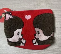 Monchhichi モンチッチ サガラ刺繍 ビッグフェイスポーチ レッド