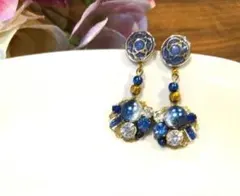 青系ビジュー フラワーデザイン ドロップピアス