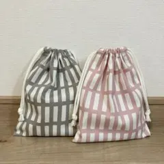 コップ袋　給食袋　巾着　格子　グレー　ピンク　2点　ハンドメイド