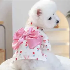 犬用 浴衣 ドッグウェア チューリップとうさぎ柄 ピンクの大きなリボン付き　sのサムネイル