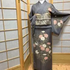 ［4420］訪問着 美品 草花文 金銀彩 一つ紋 五三桐 正絹 着物 袷