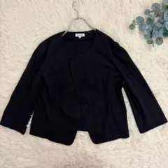美品【エンスウィート】(XL) ノーカラージャケット 無地 紺色 通勤 麻混