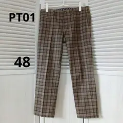 PT01 メンズ ブラウン チェック イージー綿パンツ 48