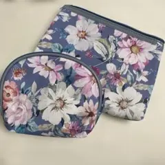 花柄ナイロンポーチセット（ブルー系）　二つセット
