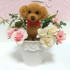 羊毛フェルト 羊毛犬 にこふわポメラニアンのフラワーバスケット