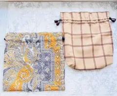 美品　和装小物 巾着袋 2点セット ペイズリー柄 キルト調 チェック柄 裏地付きのサムネイル