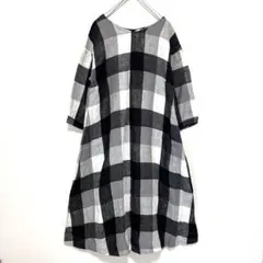 美品 リネン100% スタディオクリップ ブロックチェック ロングワンピース F