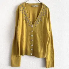 Zara ビジュー装飾 イエローカーディガン 長袖 大人カジュアル 希少カラー