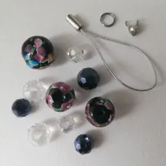 とんぼ玉　ストラップ　チャーム　クリア　透明　黒　キット　花柄　ビーズ　がらす玉