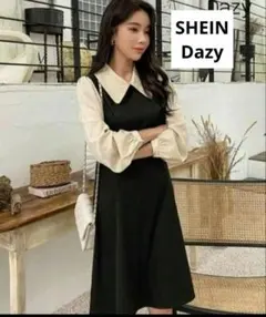 DAZY カラーブロック ピーターパン衿 パフスリーブ ワンピース