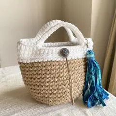 麻紐×tシャツヤーン マルシェバッグ　ハンドメイド　かごバッグ　麻紐バッグ