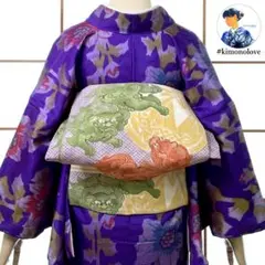 染名古屋帯 刺繍 手毬 唐獅子 渋い藤色 アンティーク着物 AO-0730