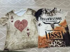 ハートデザインVネックTシャツ イエローストーン柄Tシャツセット