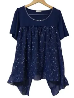 axes femme　星座プリント　ネイビー　半袖重ね着風トップス　M