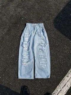 美品 DUALISM ハイパー ダメージ デニム パンツ OS ライトブルー 
