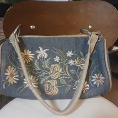 花柄刺繍デニムハンドバッグ