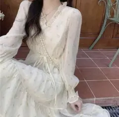 【2XL】シーイン 花柄 ワンピース ホワイト Vネック