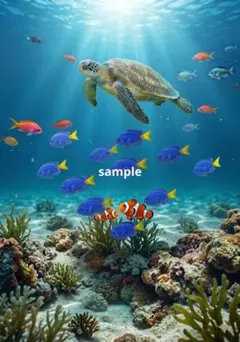 ウミガメと熱帯魚の海中風景 デジタルアート A4