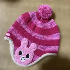 美品　ミキハウス　ウサギの顔付きニット帽 ピンク