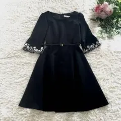 美品♡レッセパッセ　刺繍袖　フレア　ウール100 ワンピース　黒　七分袖