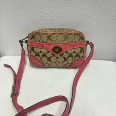 COACH コーチ シグネチャー ショルダーバッグ　キャンバス×レザー　ピンク