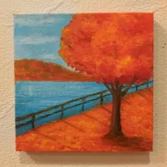 【原画：10×10cm】 秋色の湖畔　オイルパステル画