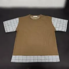 ikka メンズ Tシャツ ブラウン チェック柄 切替 M