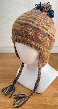 山系　ウール　イヤーフラップ付きニット帽子　男女兼用　ハンドメイド