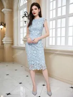 SHEIN 水色フラワーレースタイトドレス Sサイズ